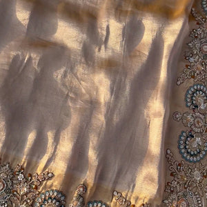 Golden Tissue Unstitched Saree Embellished With Sequins, Dori, Dabka & Cutdana Work