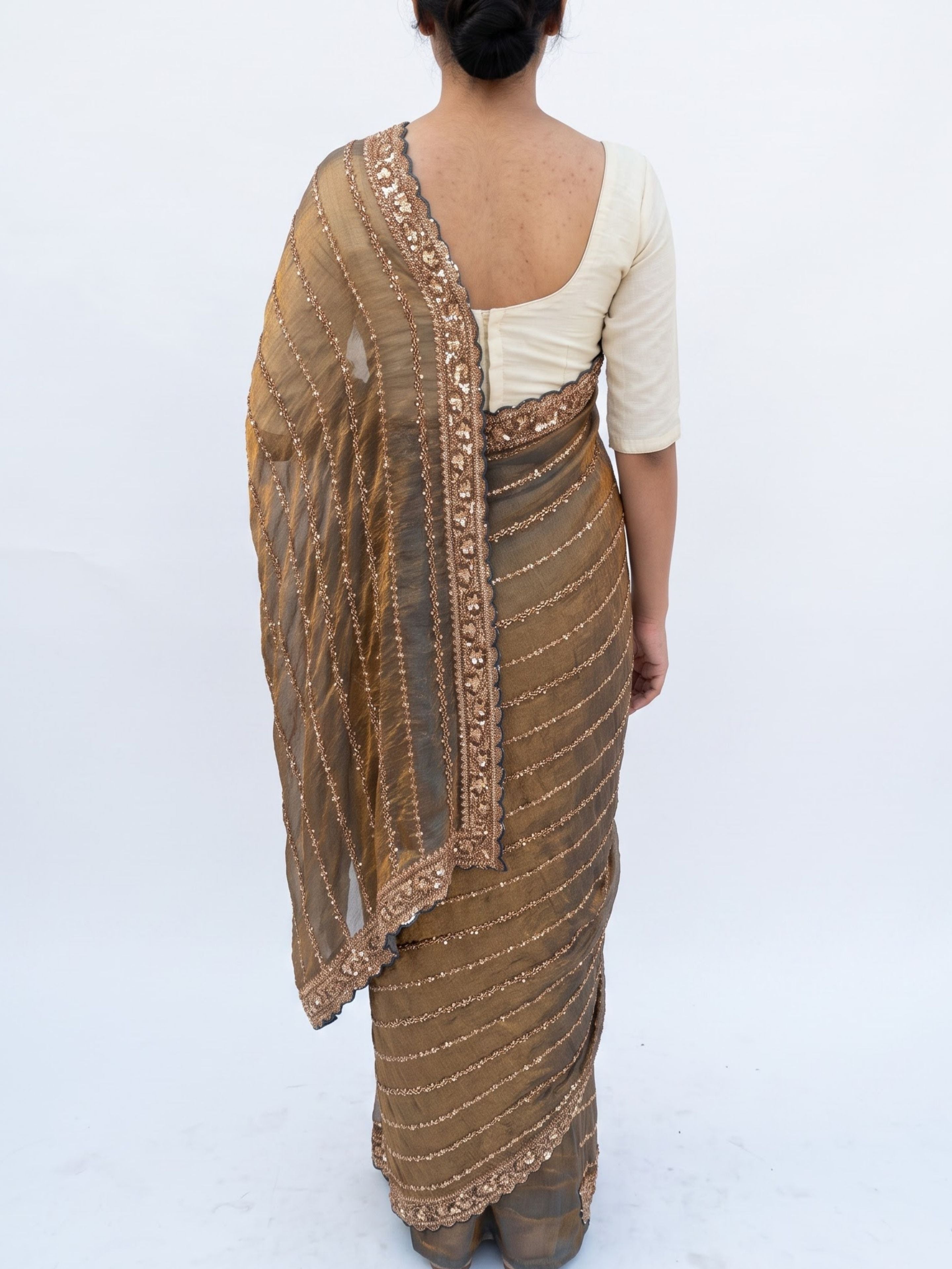 Olive Tissue Unstitched Saree Embellished With Sequins & Cutdana