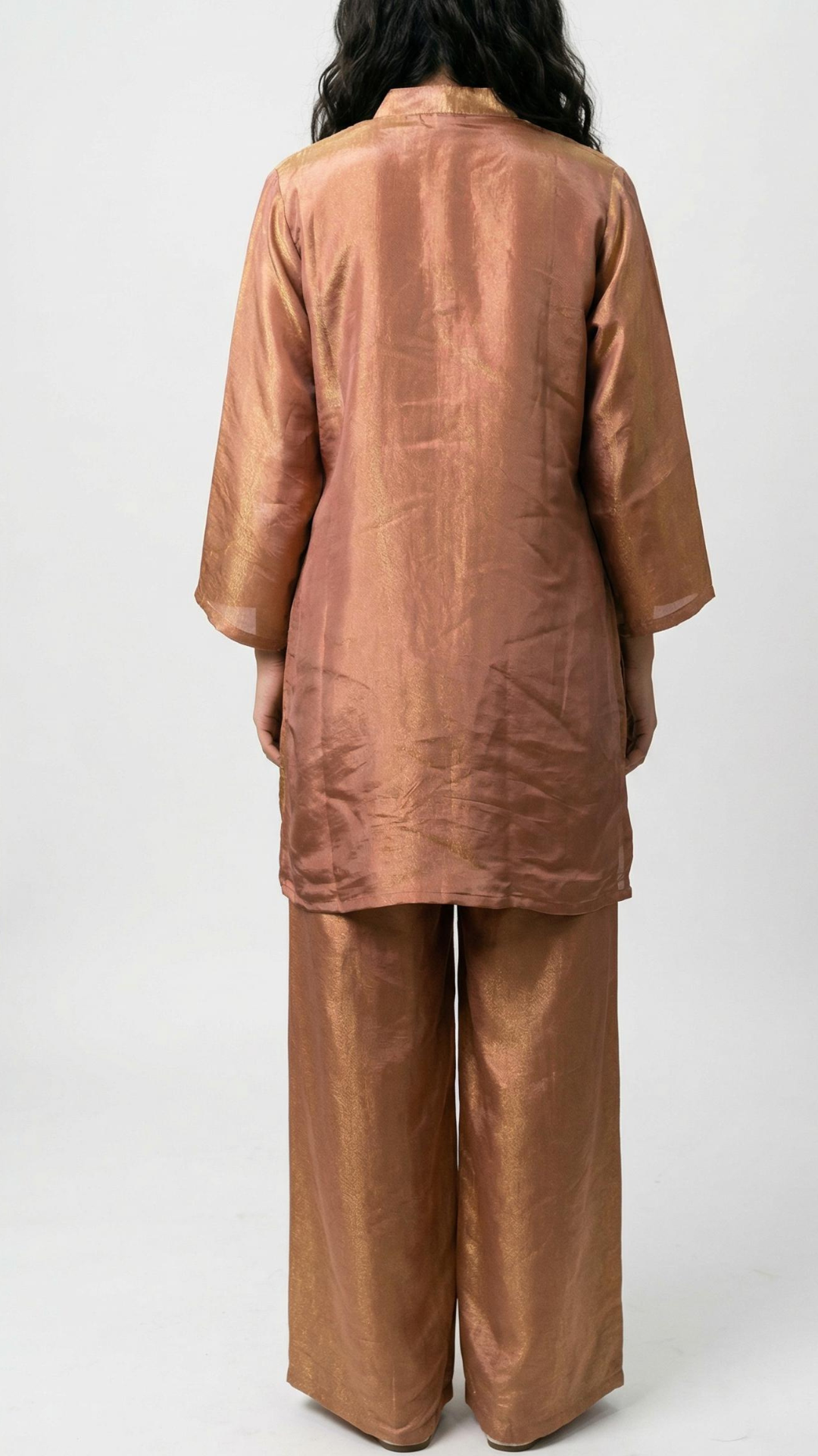 Brown Tissue Fabric Coord Set with Dabka, Cutdana & Sequins Detailing