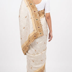 Ivory Tissue Unstitched Saree Embellished With Sequins, Moti, Stone & Cutdana Work