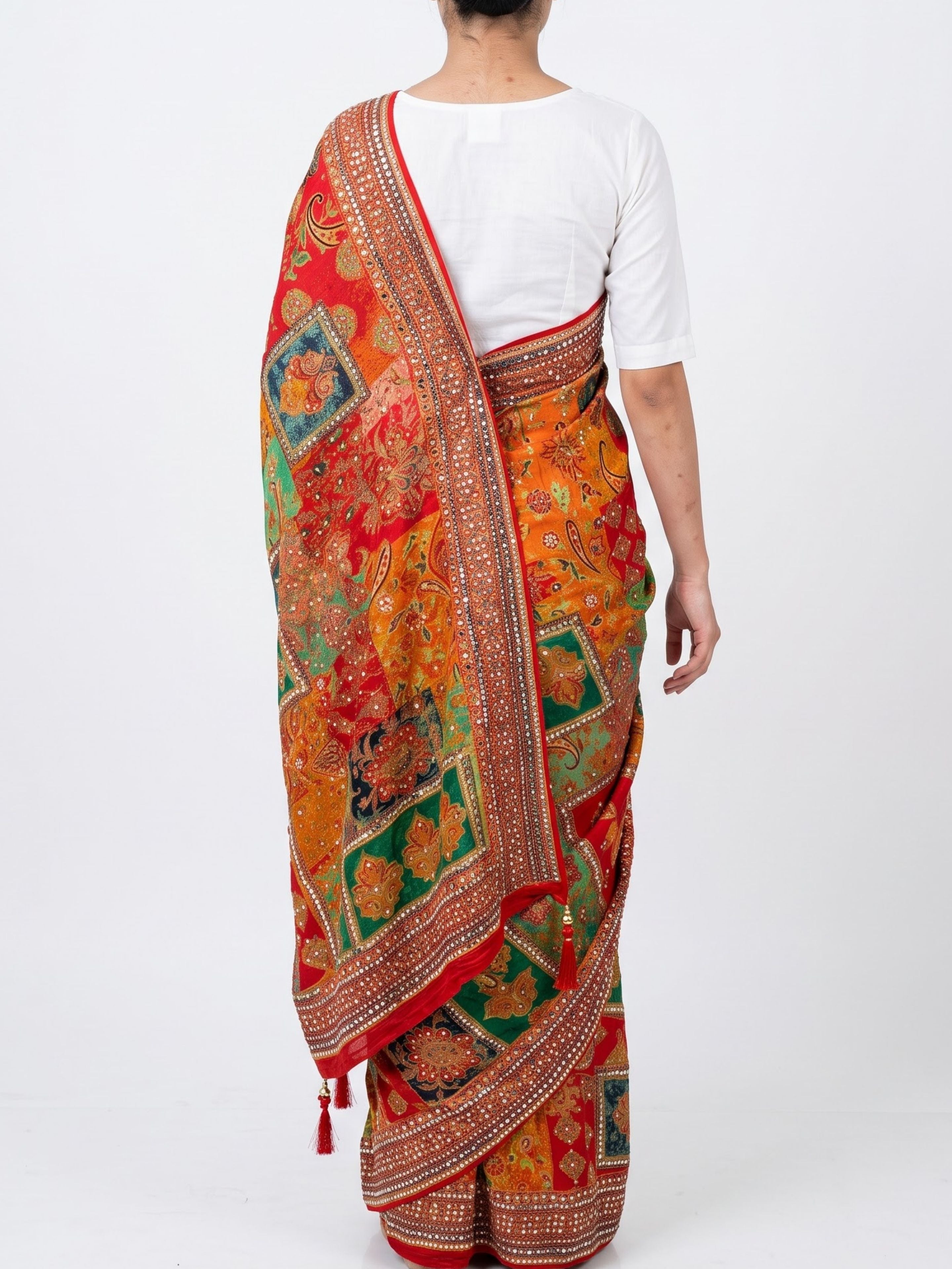 Multicolour Silk Unstitched Saree Embellished With Sequins, Mirror, Stone & Swarovski Work