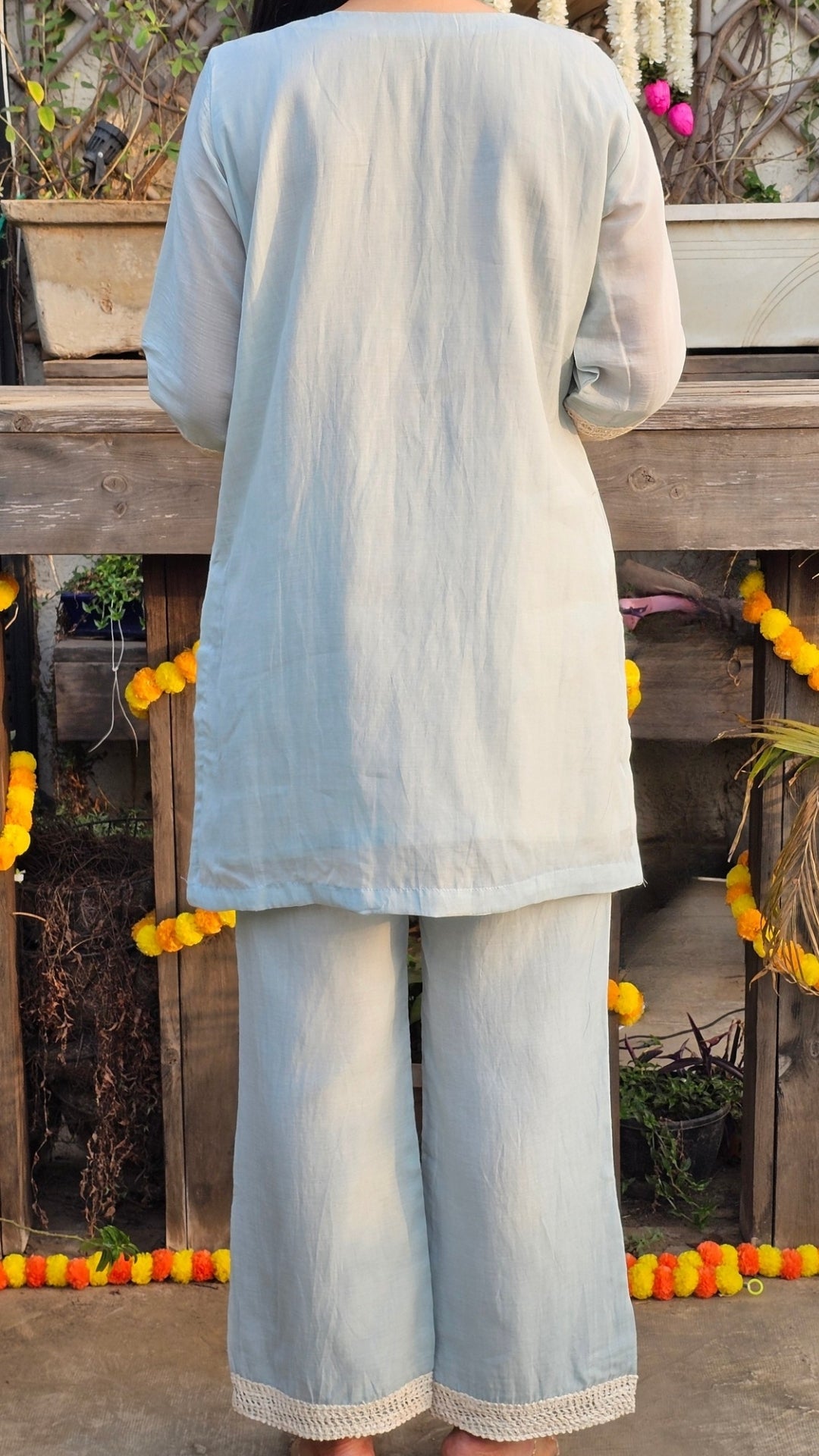Mulmul Cotton Indo-Western in Sky Blue with Lace Work