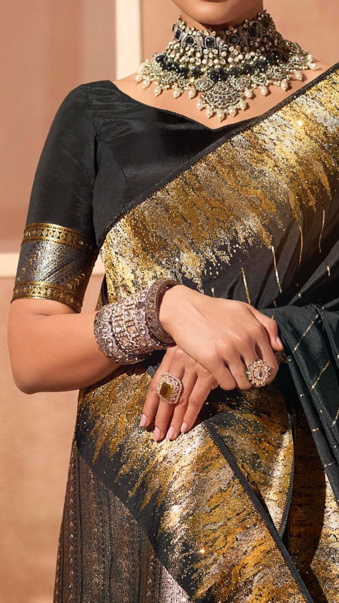 Black Silk Satin Saree with Swarovski Work