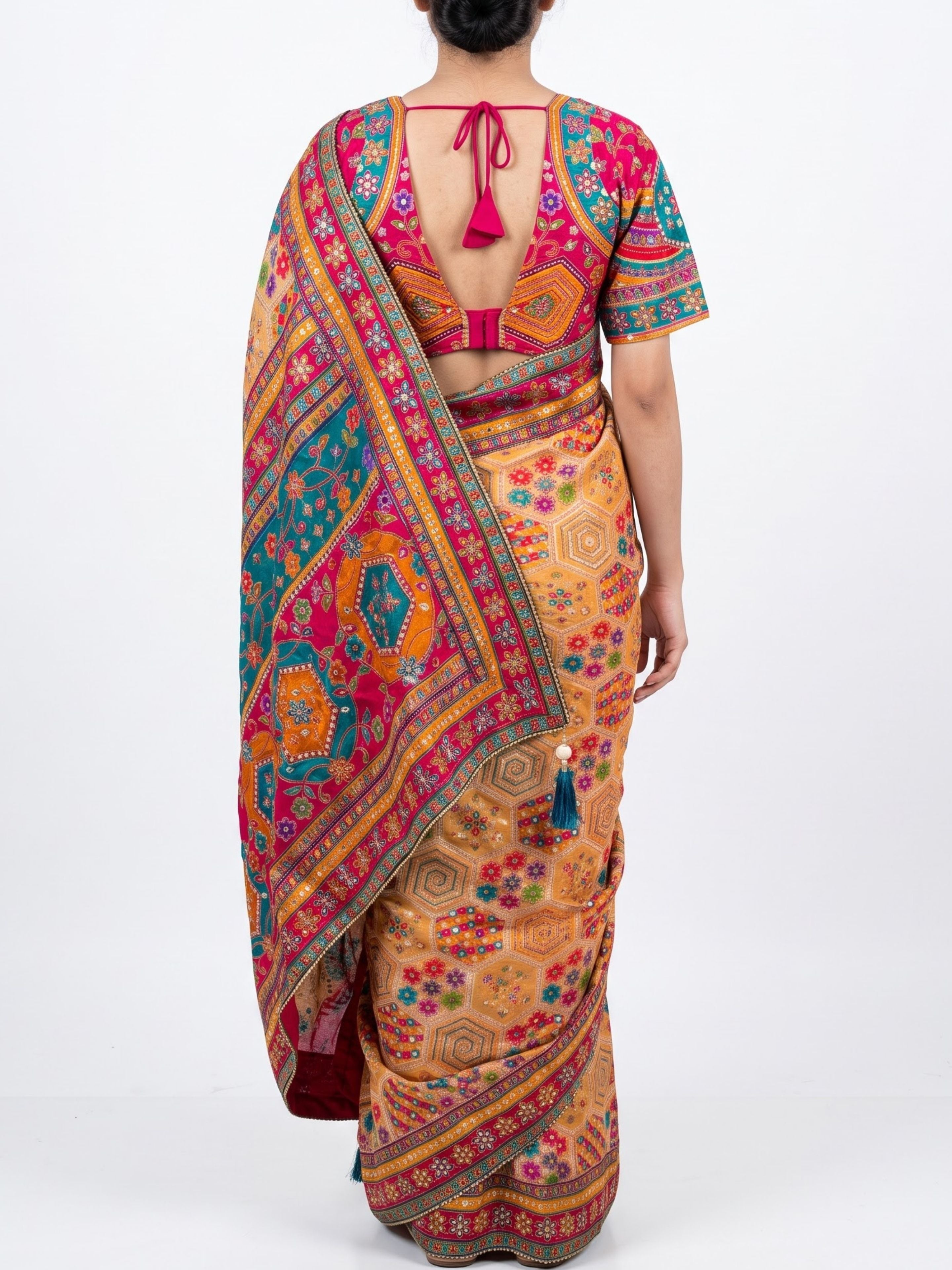 Multicolour Digital Printed Silk Ready Made Saree Embellished With Zari & Sequins Work