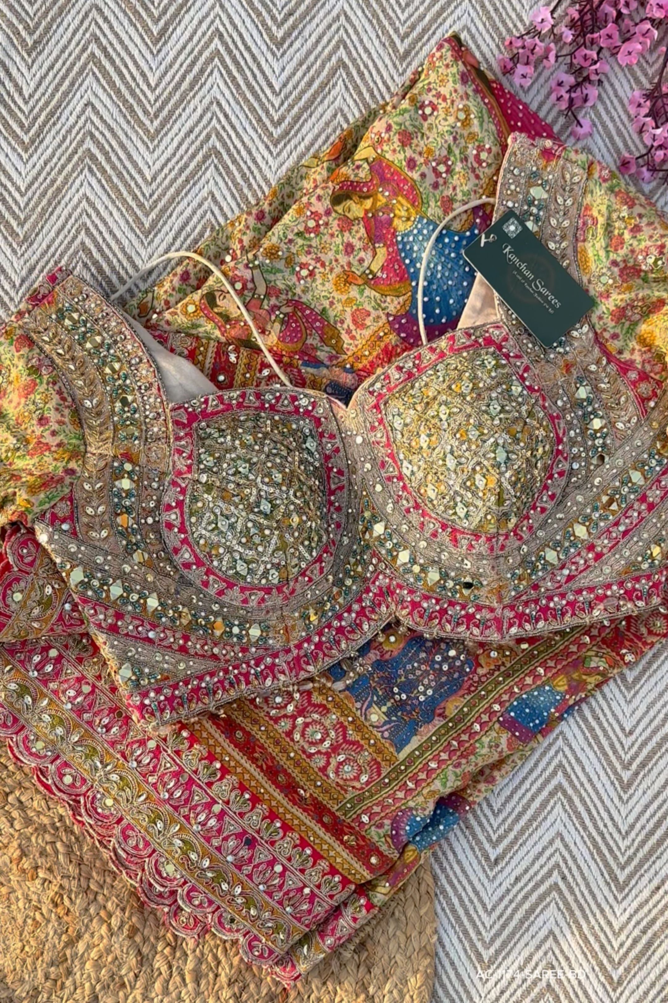 Multicolour Tissue Saree Embellished With Kundan, Sequins & Cut Dana Work