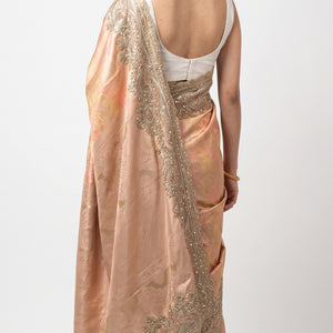 Peach Pure Banarasi Unstitched Saree with Sequins, Swarovski & Zari Work