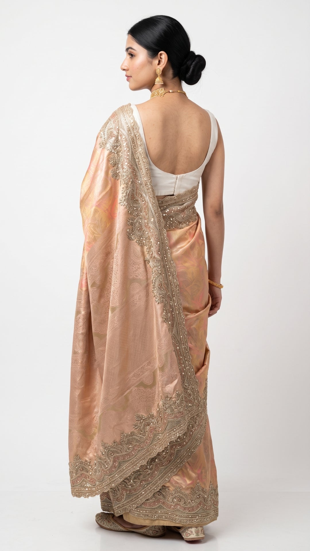 Peach Pure Banarasi Unstitched Saree with Sequins, Swarovski & Zari Work