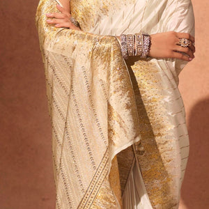Cream Silk Satin Saree with Swarovski Work