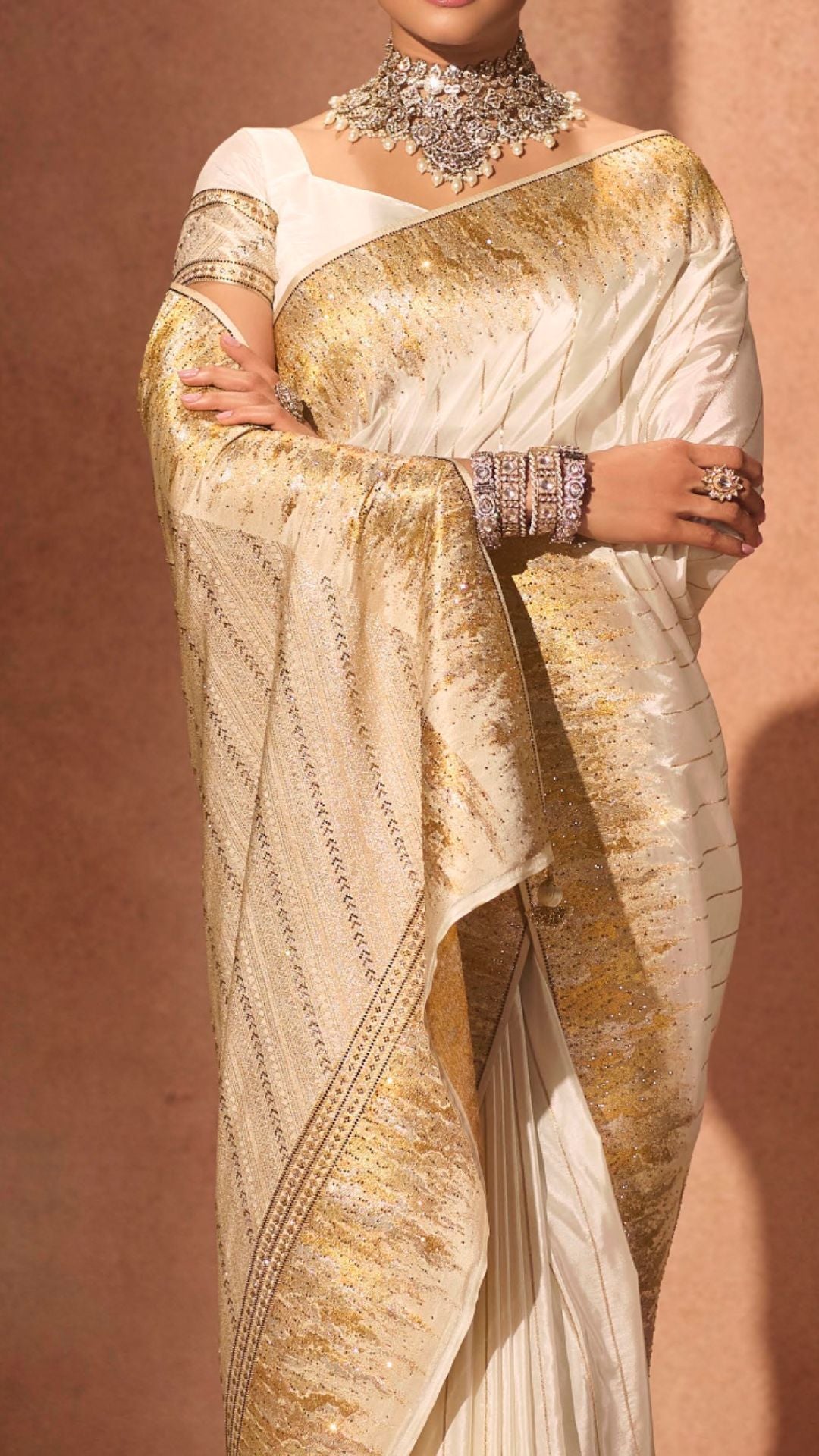 Cream Silk Satin Saree with Swarovski Work