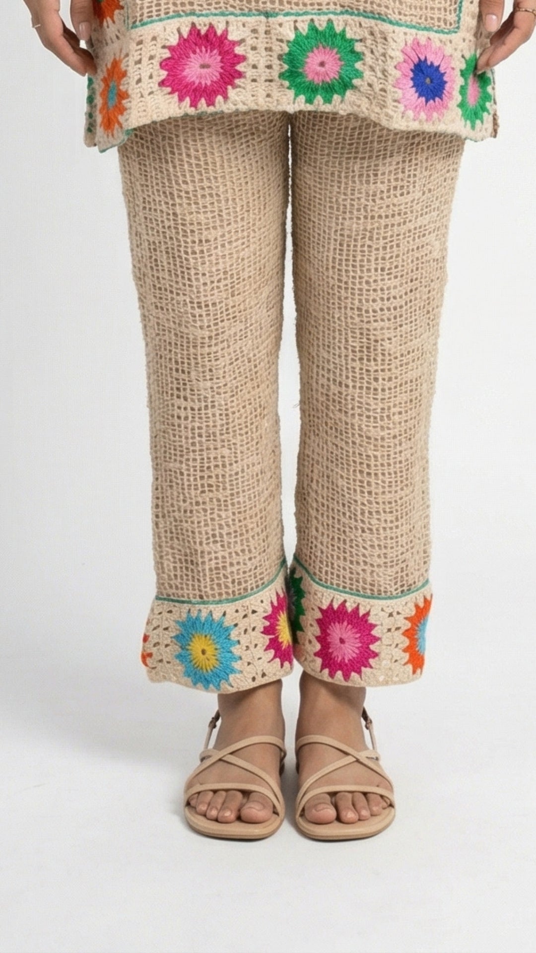 Beige Jute Coord Set with Crosia Detailing
