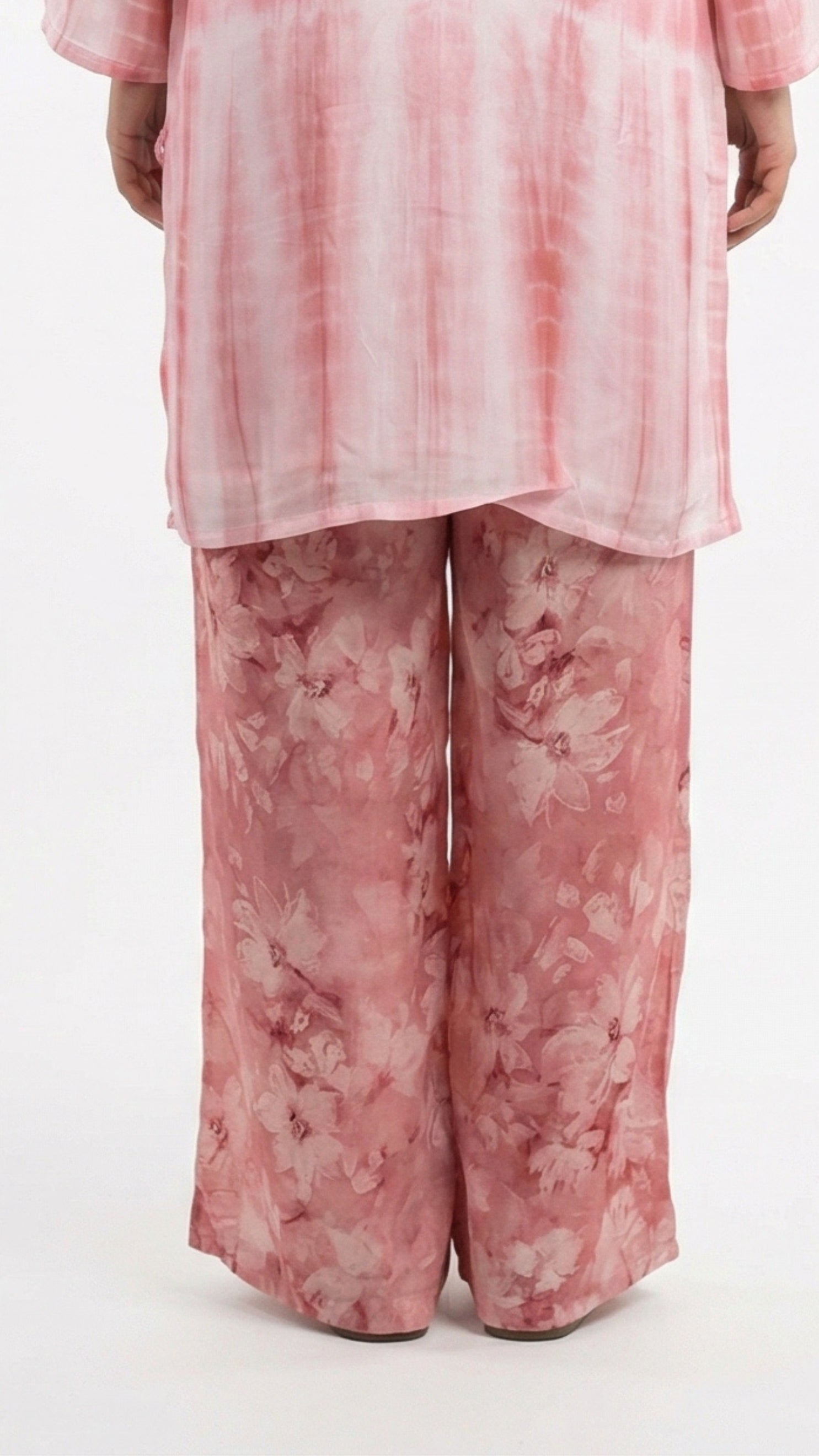 Pink Satin Crepe Coord Set with Sequins, Hand Print, Zari & Stone Detailing