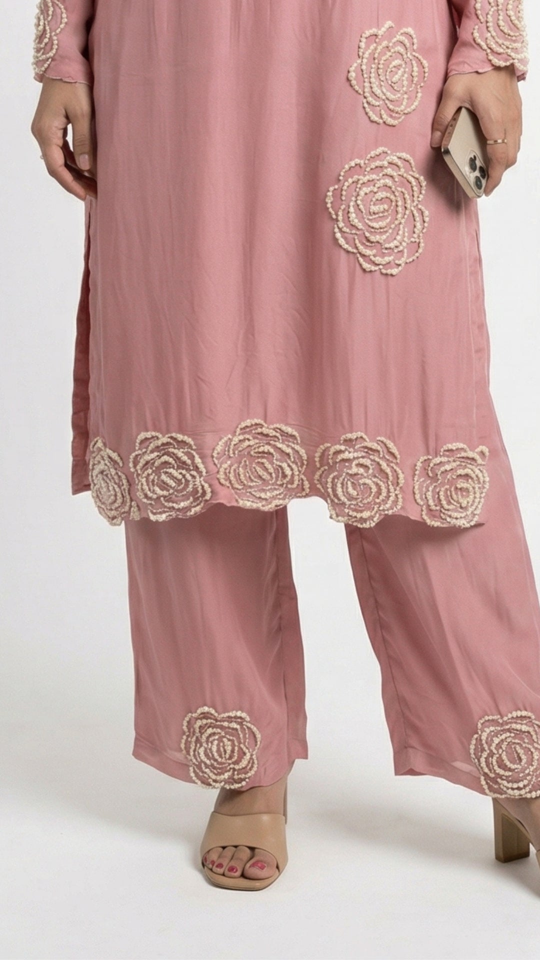 Peach Soft Organza Suit with Moti & Cutdana Detailing