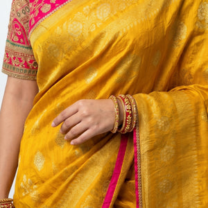 Yellow Banarasi Silk Saree with Stitched Pink Blouse and Weaving Work