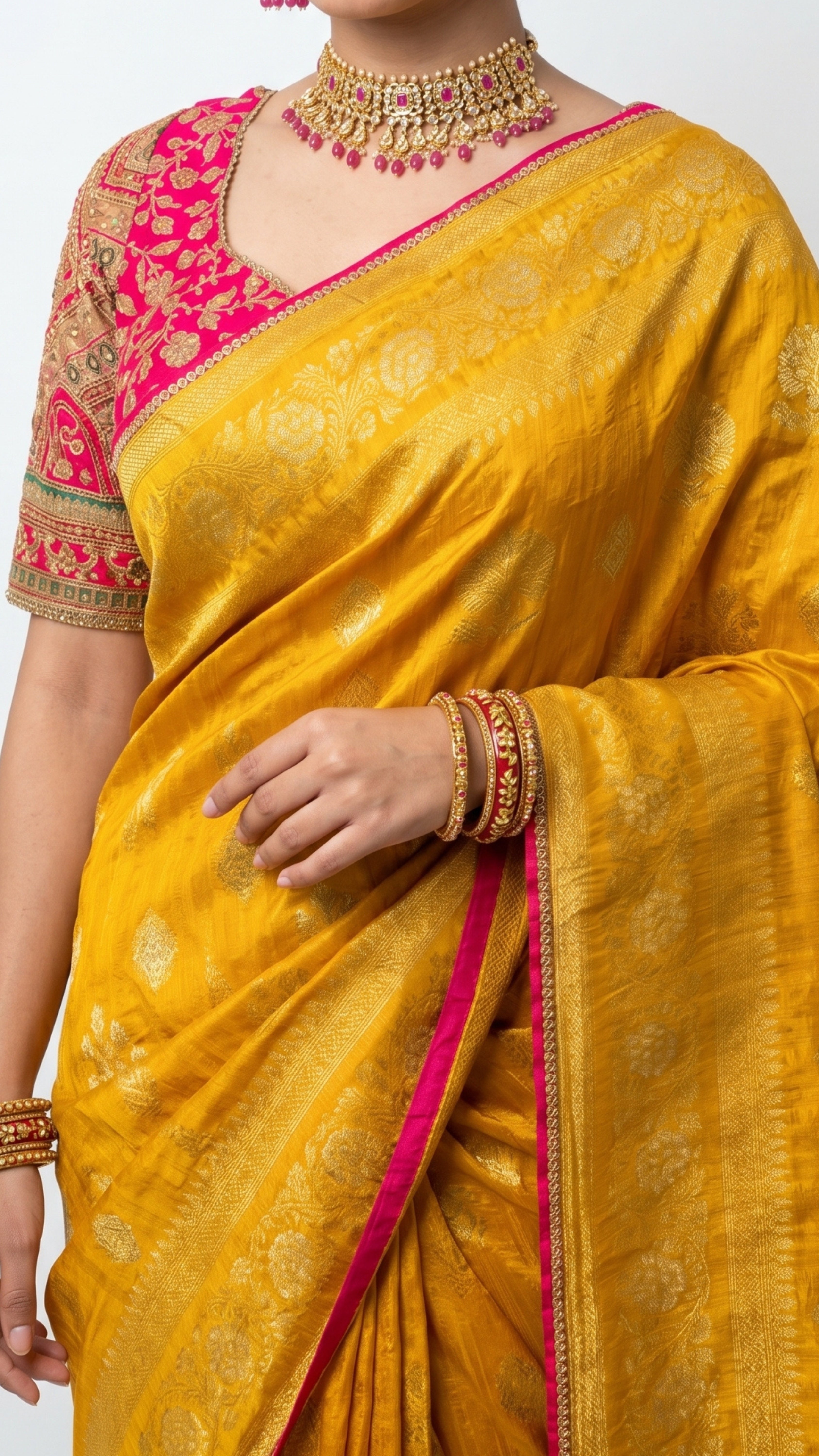 Yellow Banarasi Silk Saree with Stitched Pink Blouse and Weaving Work