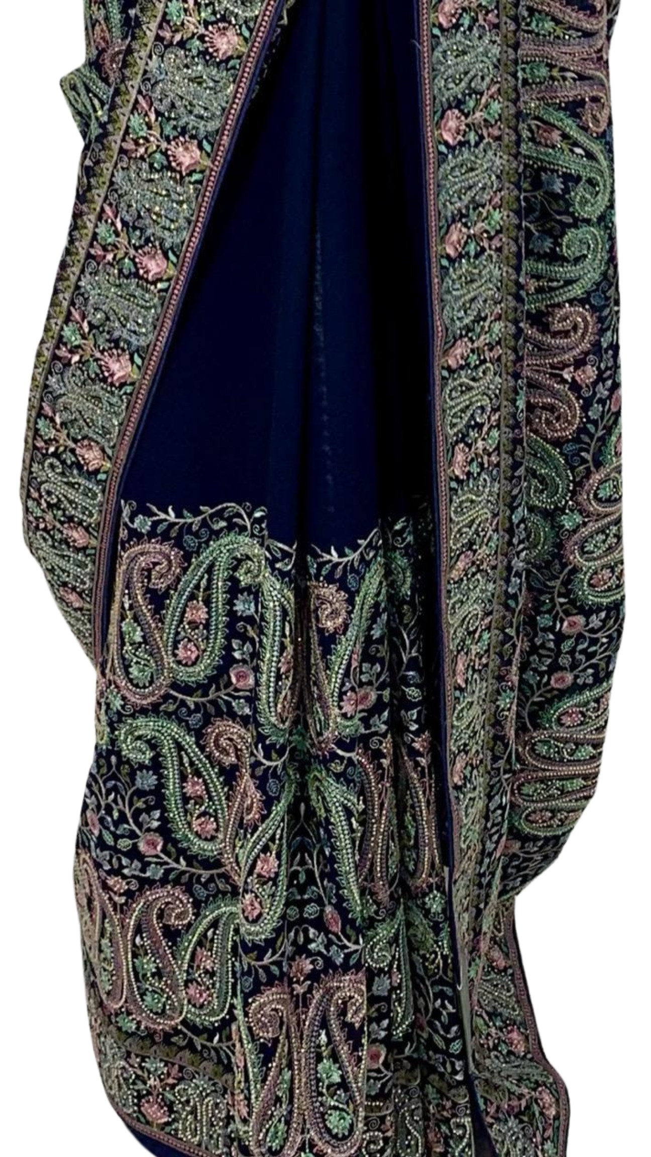 Navy Blue Georgette Saree with Unstitched Blouse and Kashmiri Work