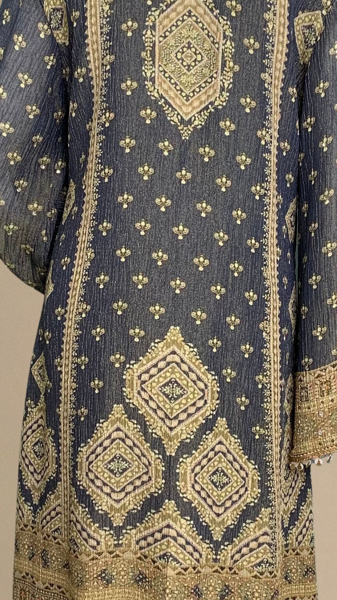 Stylish Blue Wrinkle Tissue Digital Printed Suit with Mirror Detailing and Palazzo