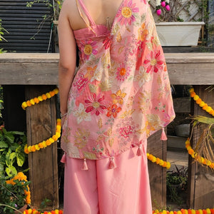 Pink Crepe Indo-Western with Zari, Sequin & Hand Print