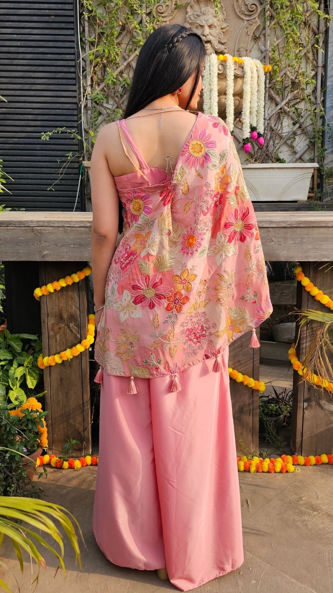 Pink Crepe Indo-Western with Zari, Sequin & Hand Print