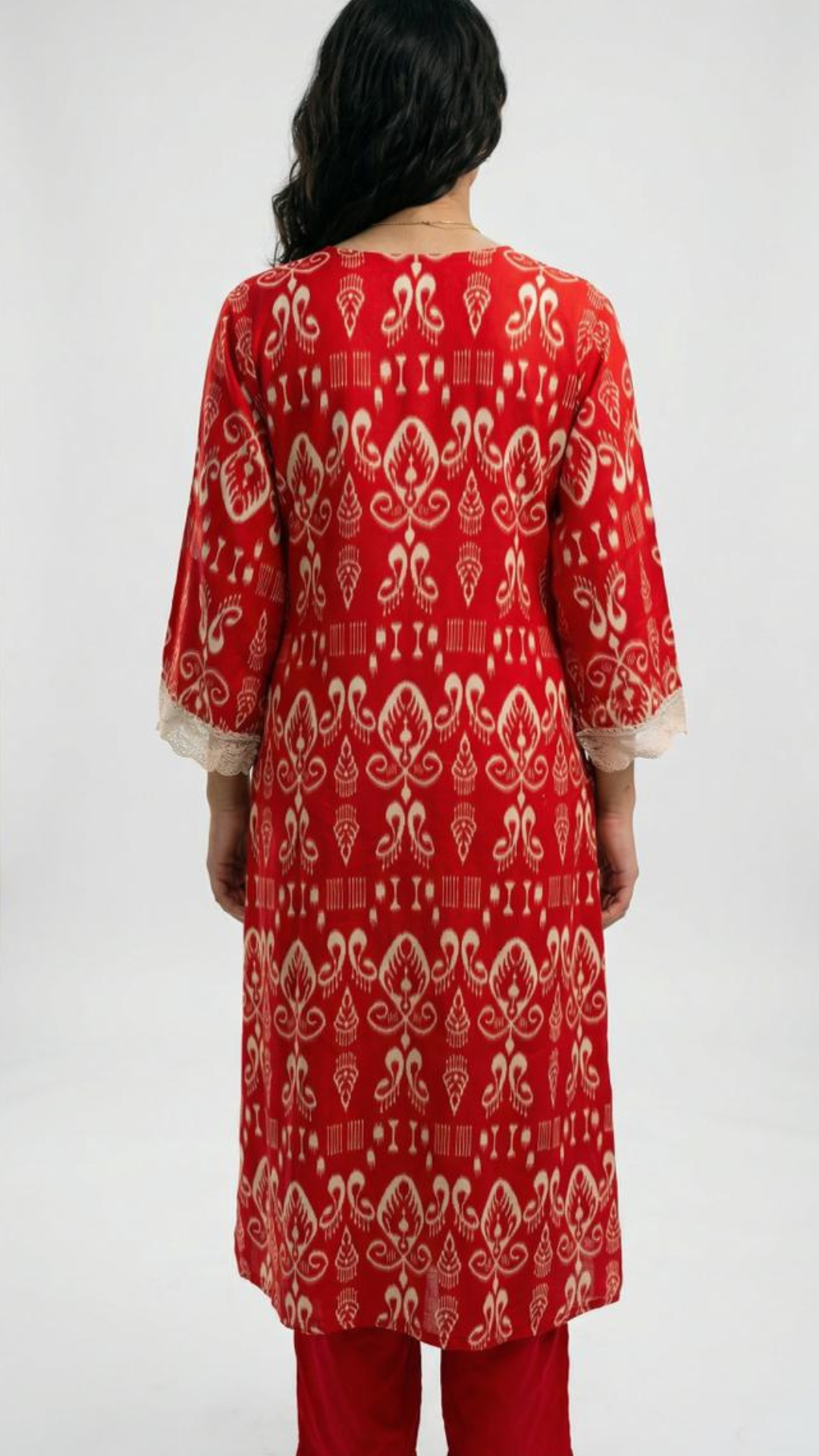 Red Maslin Cotton Coord Set with Fine Lace Work