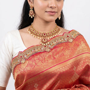 Rani Banarasi Silk Unstitched Saree with Dupatta Embellished with Thread & Stone Work