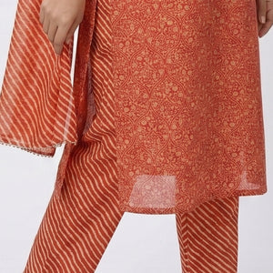 Red Muslin Block & Gold Print Suit with Dabka, Cutdana, Moti & Gota Patti Detailing