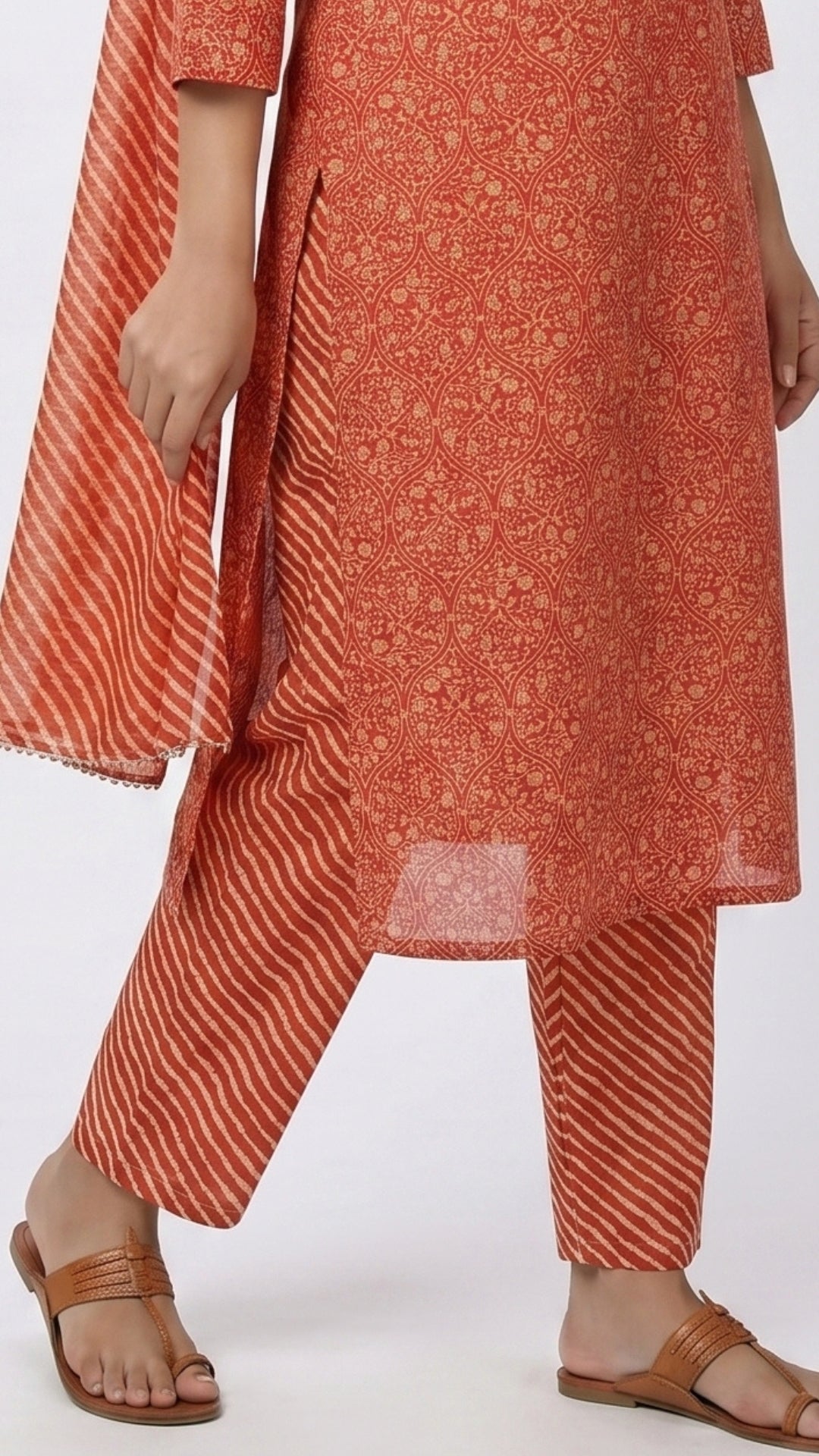 Red Muslin Block & Gold Print Suit with Dabka, Cutdana, Moti & Gota Patti Detailing