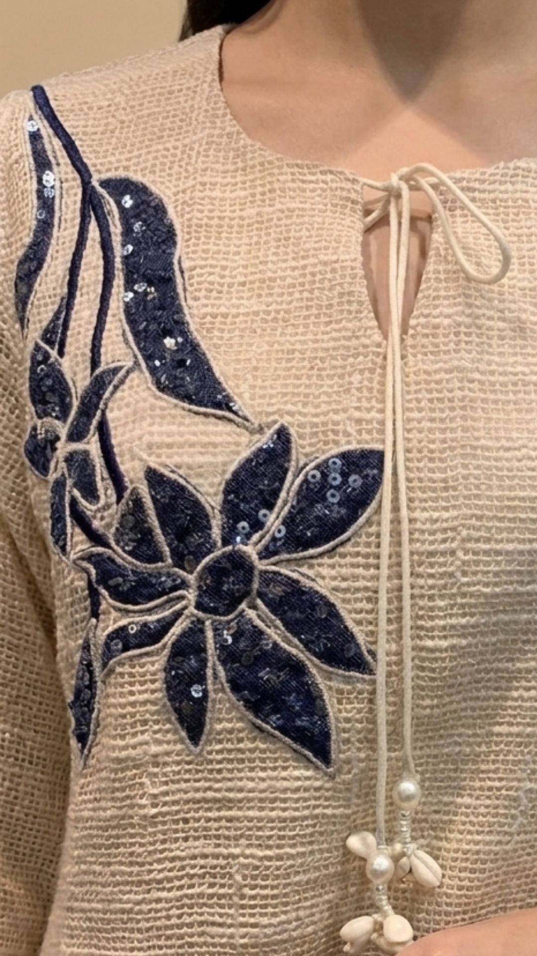 Blue and Beige Jute Coord Set with Sequins Work