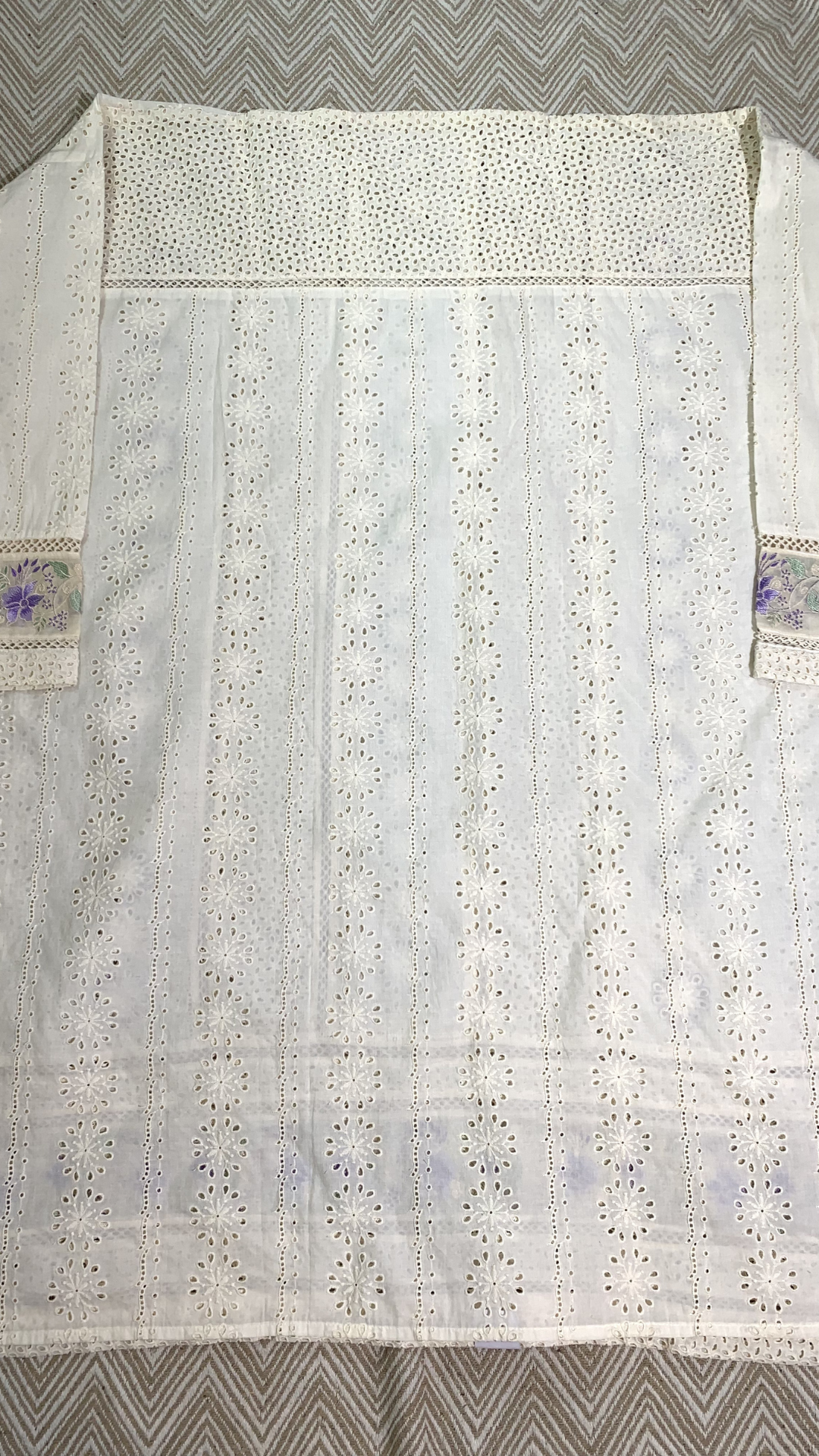 White Blue Digital Printed Chikankari Semi Stitched Suit With Thread Work