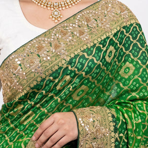 Green Pure Georgette Bandhej Unstitched Saree with Gota, Dabka & Dori Work