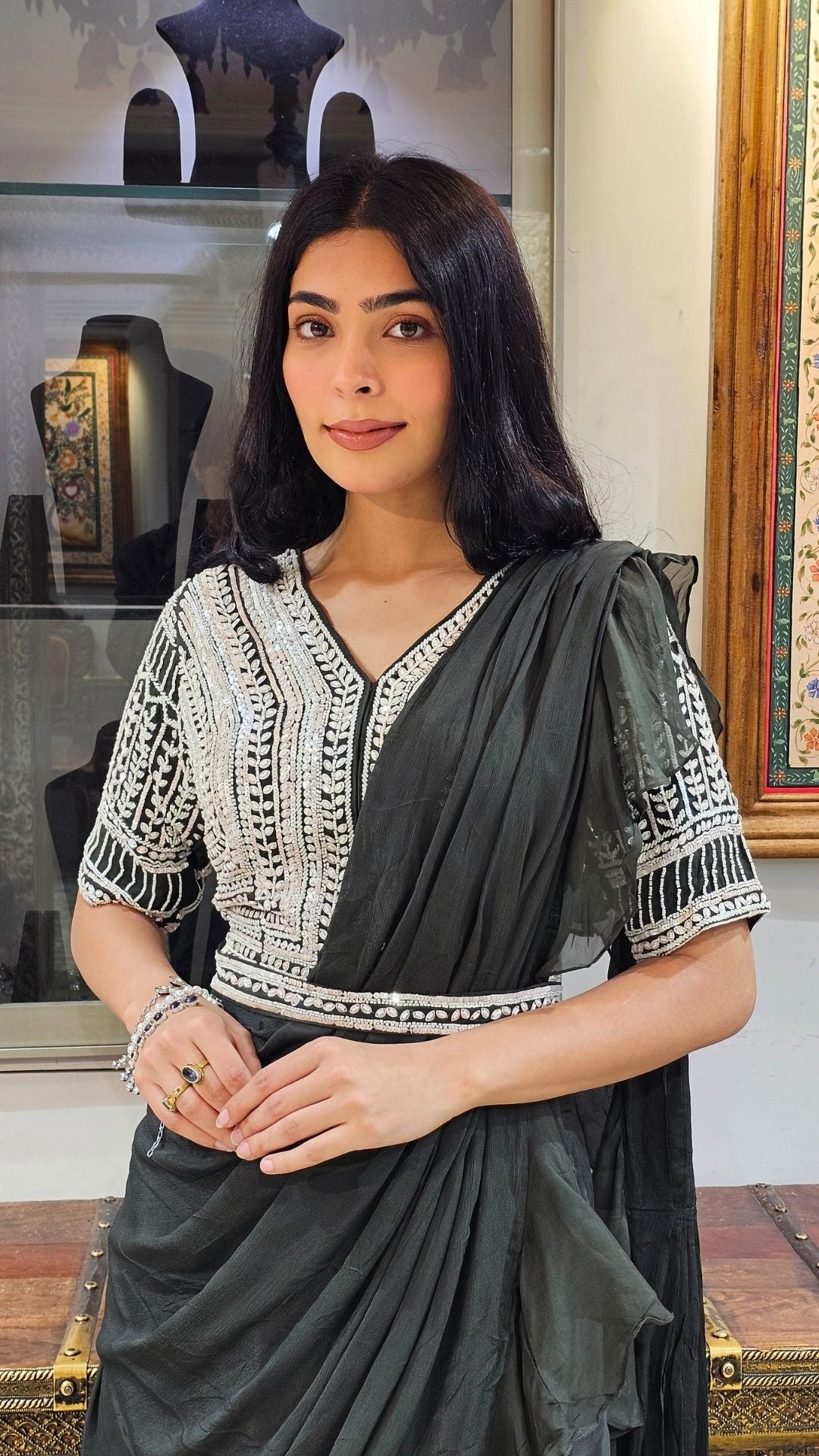 Olive Green Chinon Indowestern with Sequins and Pearl Work