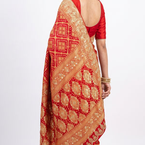 Red Pure Georgette Bandhej Unstitched Saree with Gota, Dabka & Dori Work
