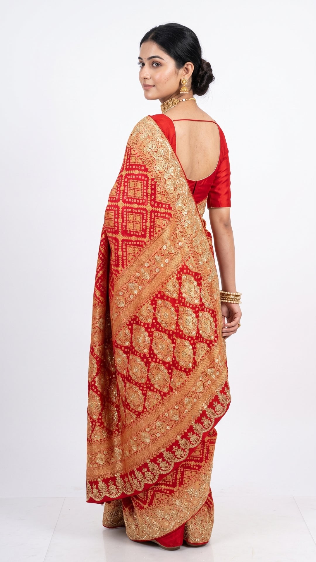 Red Pure Georgette Bandhej Unstitched Saree with Gota, Dabka & Dori Work
