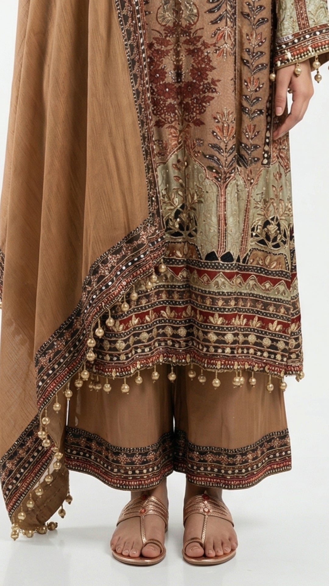 Rust Brown Muslin Suit Set with Gota Patti, Sequence & Moti Latkan Work