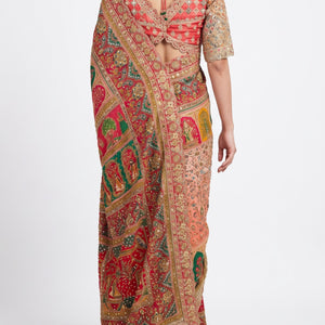 Beautiful Peach Silk Ready Made Saree Embellished With Pure Hand Work