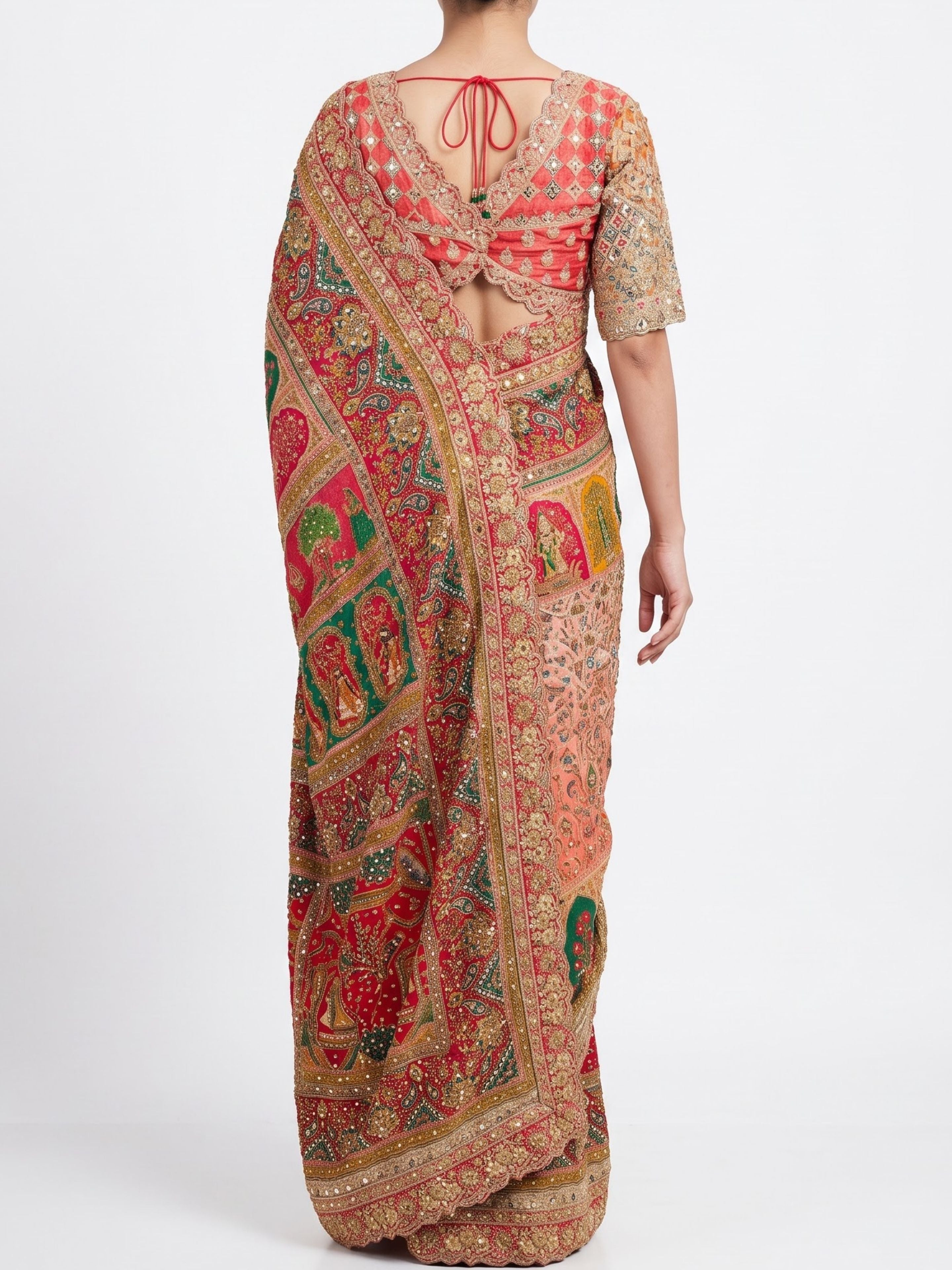 Beautiful Peach Silk Ready Made Saree Embellished With Pure Hand Work