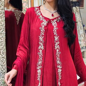 Maroon Chinon Indowestern Top,Bottom,Cape and Dupatta with Pearl,Sequins and Dabka Work