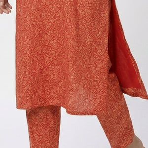 Red Muslin Cotton Block & Gold Print Suit with Dabka, Seqiuns & Gota Patti Detailing