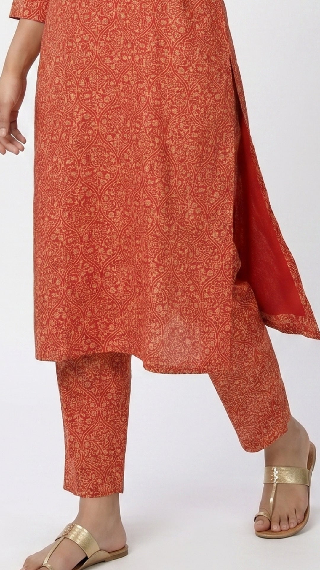 Red Muslin Cotton Block & Gold Print Suit with Dabka, Seqiuns & Gota Patti Detailing