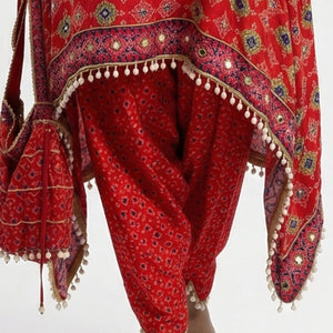 Cherry Red Crepe Coord Set with Digital Print, Zari & Mirror Detailing