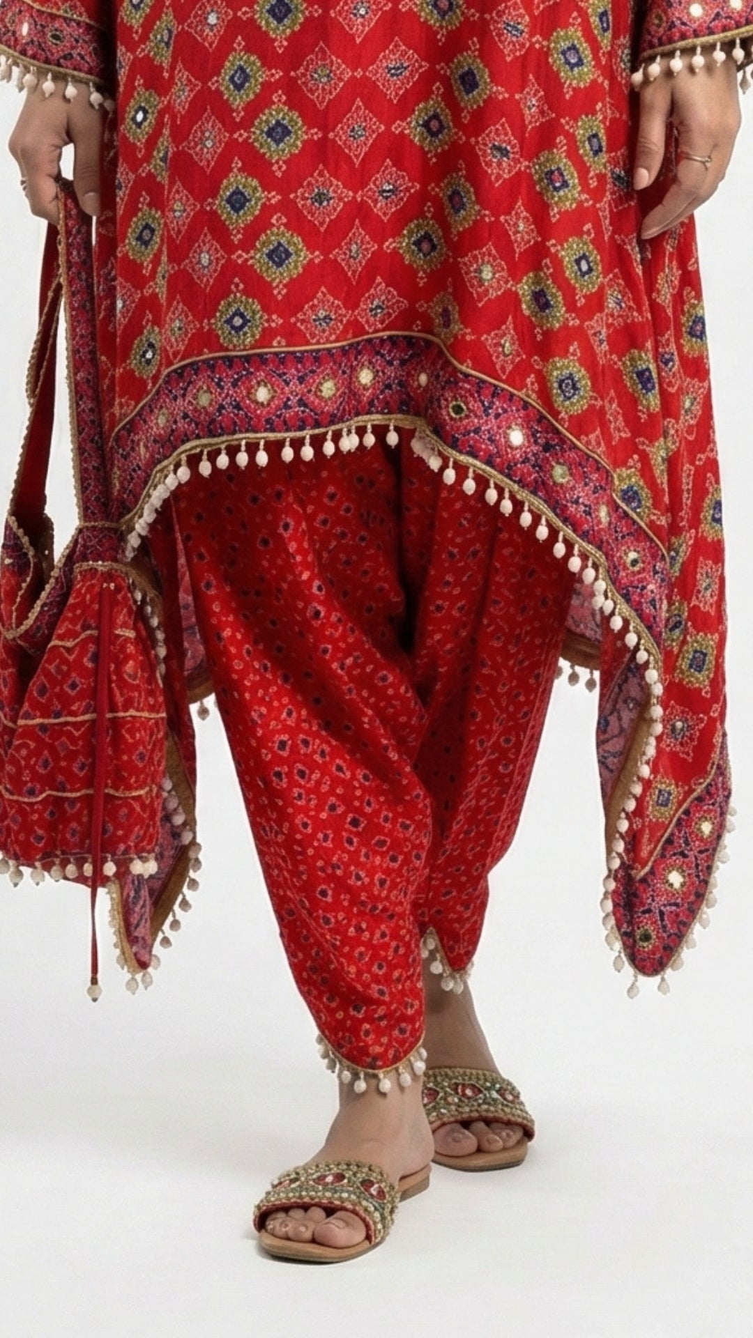 Cherry Red Crepe Coord Set with Digital Print, Zari & Mirror Detailing
