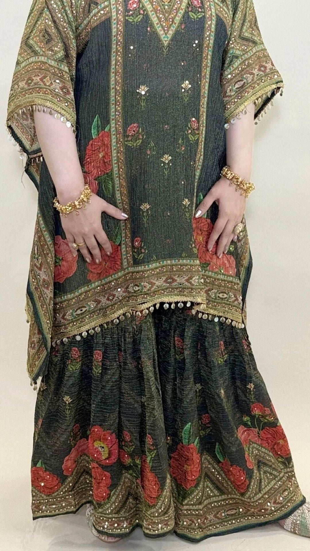 Blue Digital Print Tissue Kaftan and Gharara with Mirror Work