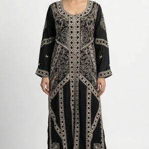 Black Chinon Suit Set with Thread Work Detailing
