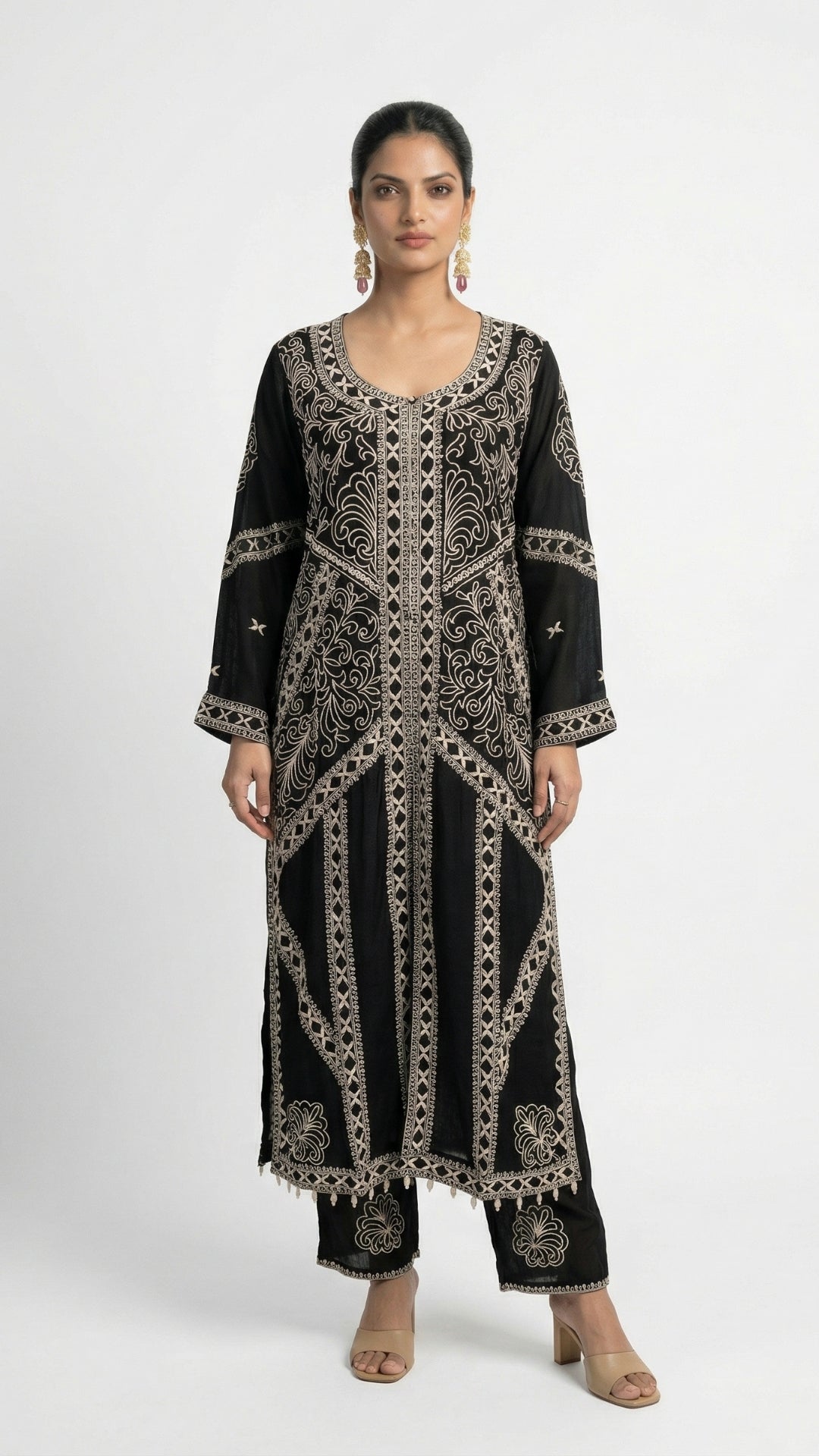Black Chinon Suit Set with Thread Work Detailing