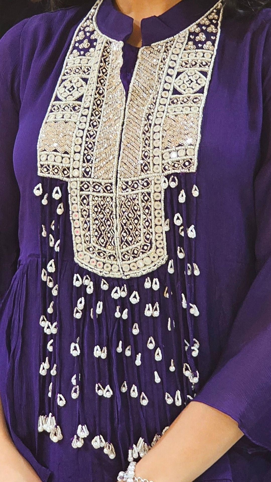 Purple Chinon Indowestern Top and Bottom with Sequins,Cutdana and Pearl Work