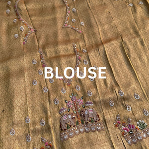 Dusty Beige Brocade Unstitched Saree Embellished With Moti, Sequins, Zarkan, Thread & Cutdana Work