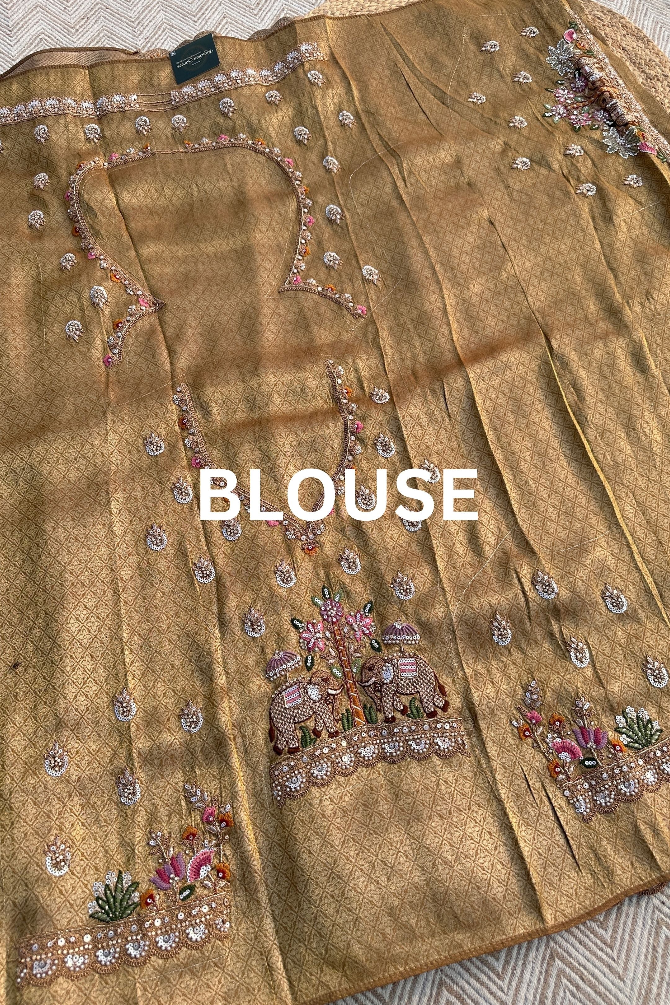 Dusty Beige Brocade Unstitched Saree Embellished With Moti, Sequins, Zarkan, Thread & Cutdana Work