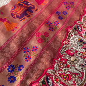 Red Georgette Unstitched Saree Embellished With Thread, Sequins, Zari, Moti & Cutdana work