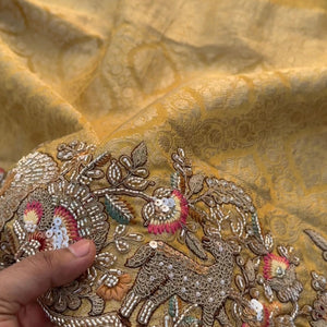 Beige Tissue Unstitched Saree Embellished With Sequins, Thread, Zari, Moti & Cutdana Work