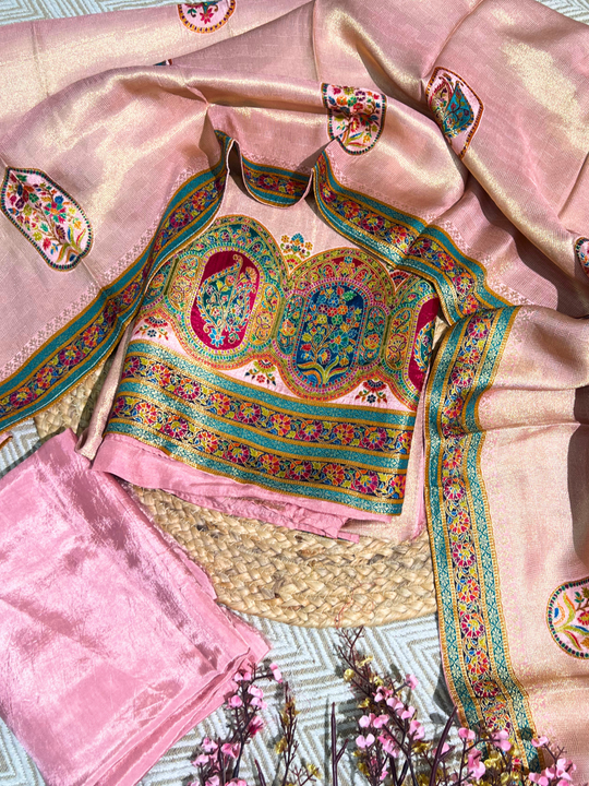 Pink Shimmer Tissue Unstitched Suit with Weaving Embroidery 1