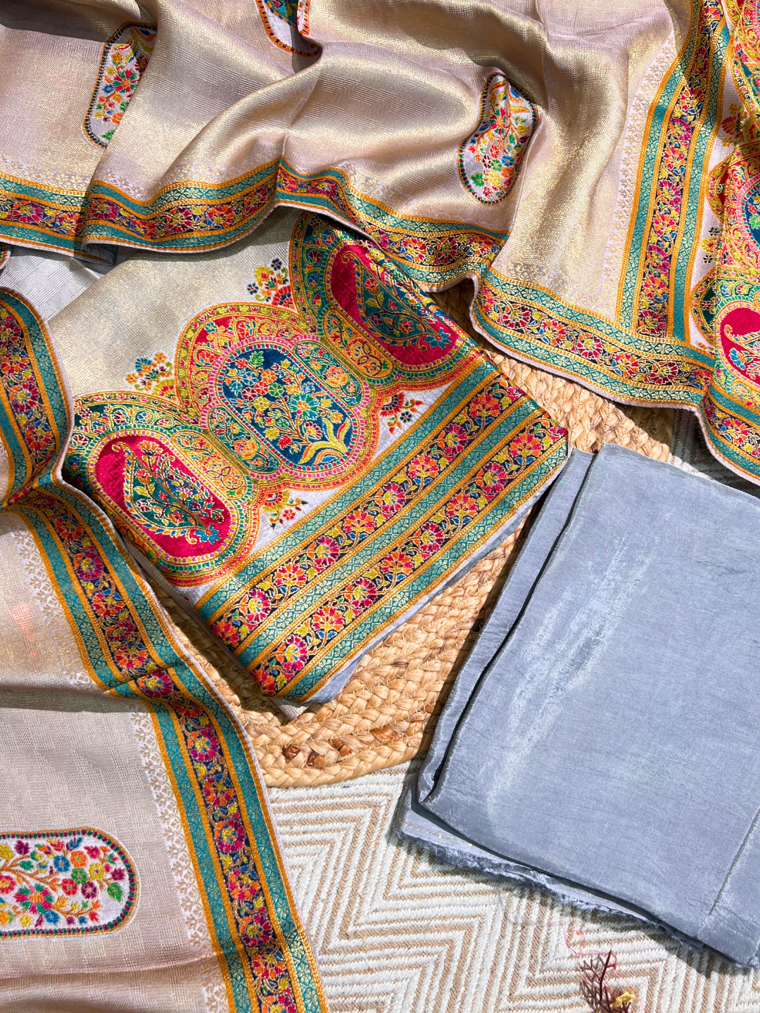 Golden Shimmer Tissue Unstitched Suit with Weaving Embroidery 1